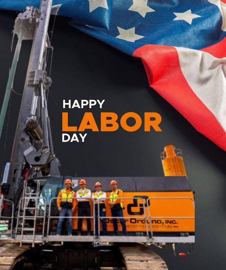 Oscar Orduno, Inc. crew standing in front of heavy drilling equipment with an American flag background for a Happy Labor Day celebration.