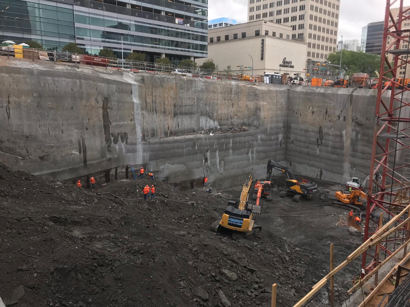 Oscar Orduno, Inc. field crew installing structural formwork and steel reinforcement for Indeed Tower in Austin, Texas.