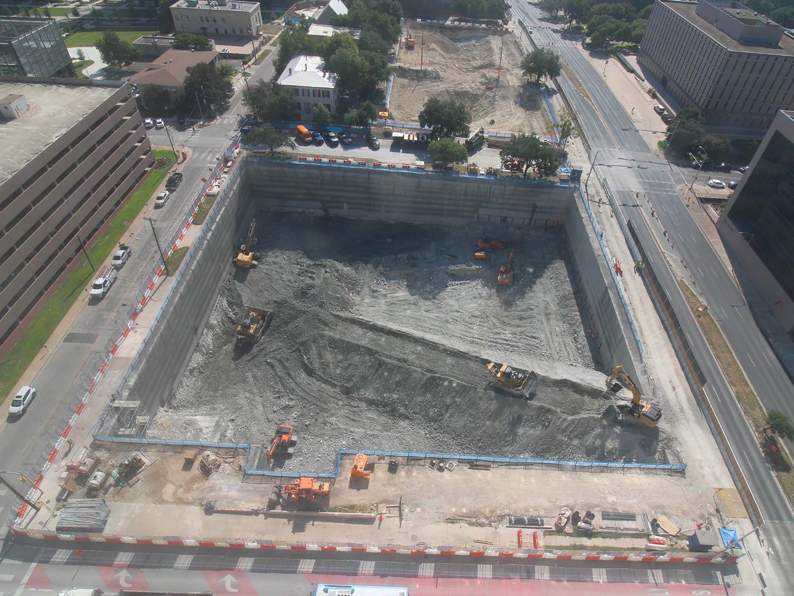 Aerial view of Oscar Orduno, Inc. installing a soil nail and rock anchor earth retention system for the Capitol Complex Phase I excavation in Austin, Texas.