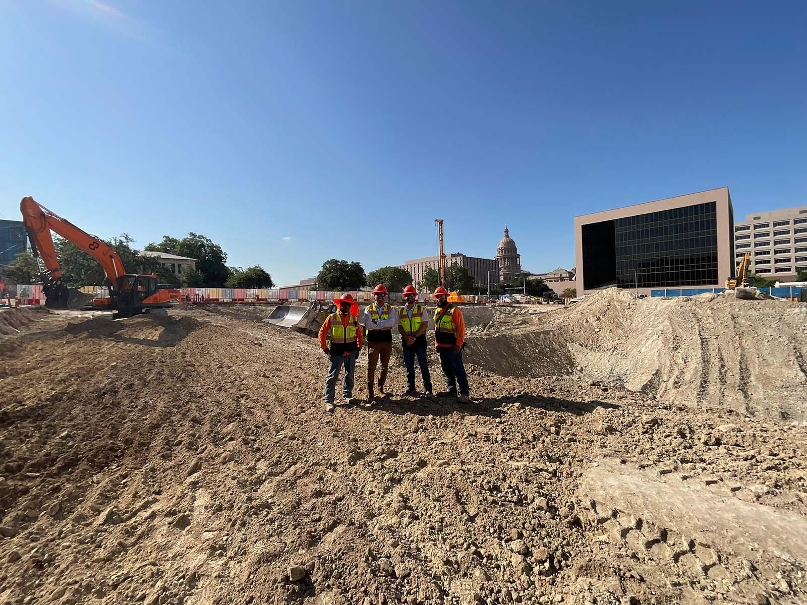 Oscar Orduno, Inc. project team on-site at Capitol Complex Phase II in Austin, Texas, managing Anchored Soldier Pile and earth retention systems.