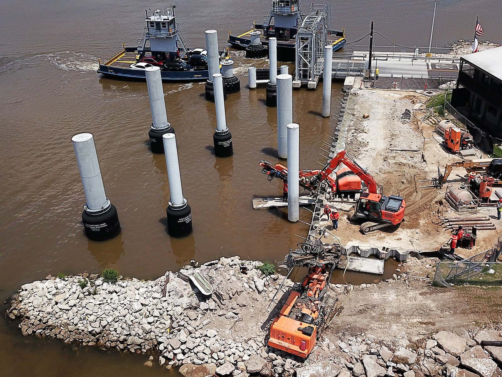 Marine shoreline stabilization at Lynchburg Ferry Post in Houston, TX, featuring Tieback Anchors by Oscar Orduno, Inc..