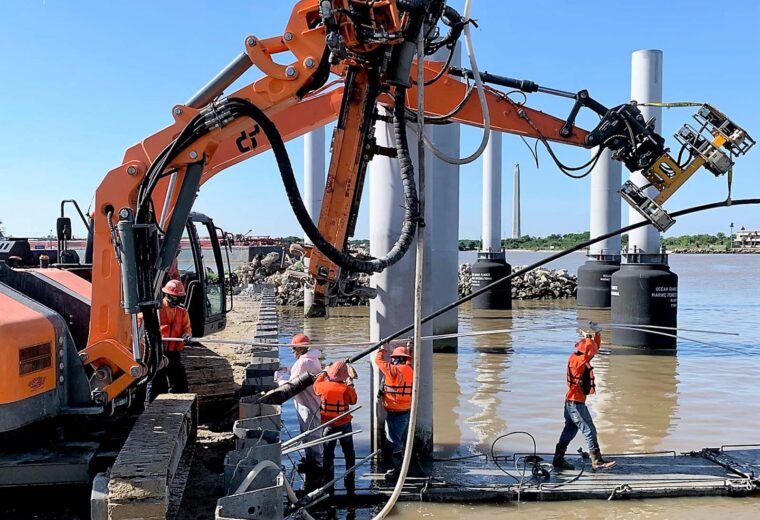 Field crew installing Tieback Anchors for marine geotechnical reinforcement at the Lynchburg Ferry Post in Houston, TX.