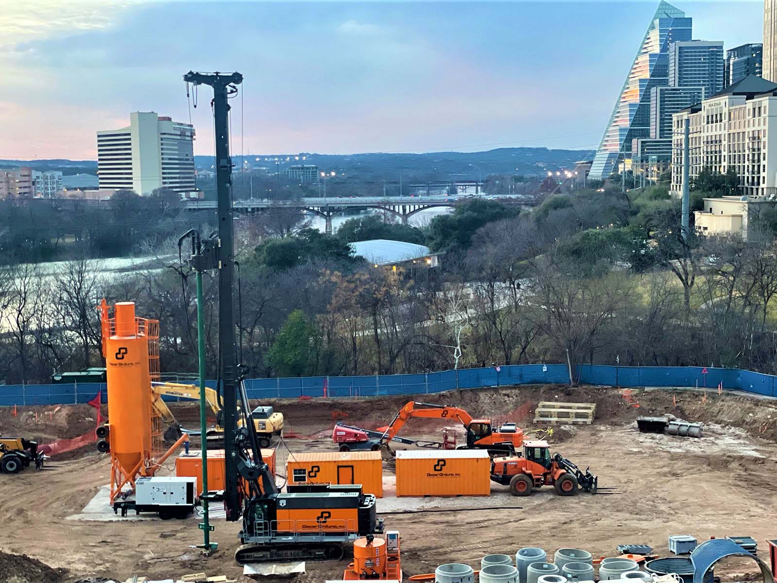 Specialized Soil Mix Cut-off Wall with Tiebacks installation by Oscar Orduno, Inc. at The Travis project in Austin, Texas.