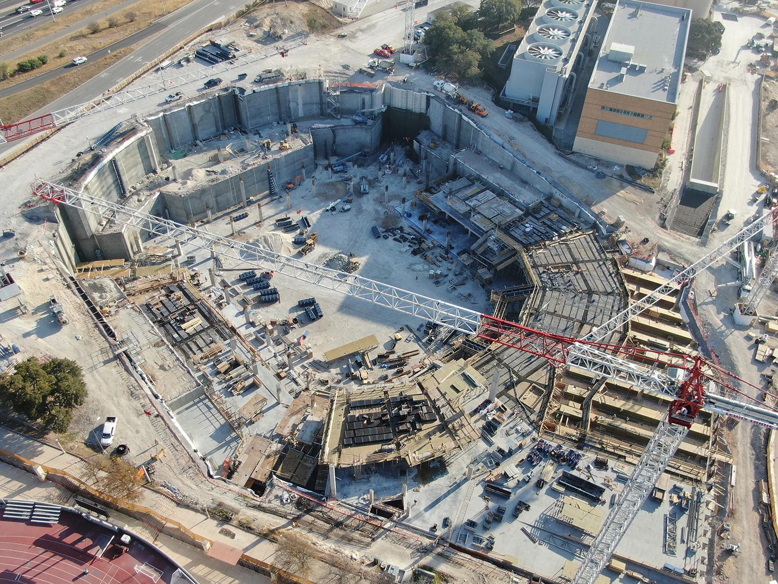 Aerial view of Permanent Soil Nail and Anchor Soldier Piles at the UT Moody Center project in Austin, TX.