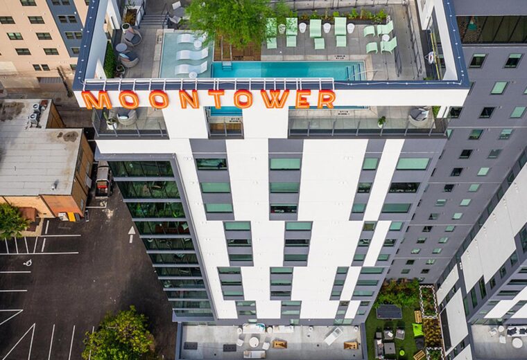 Aerial view of the Moontower high-rise in Austin, featuring specialty foundation and earth retention work by Oscar Orduno, Inc..