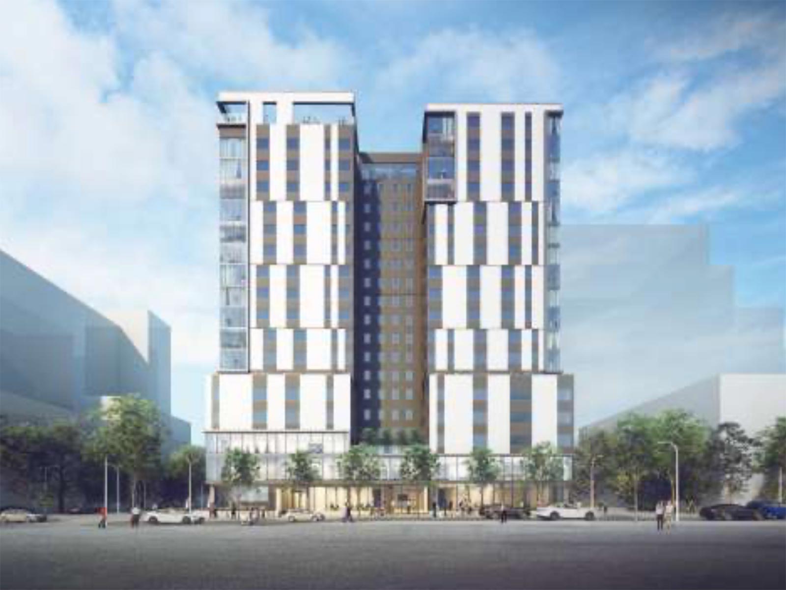 Architectural rendering of the Moontower residential tower in Austin, featuring specialty foundation and earth retention work by Oscar Orduno, Inc..