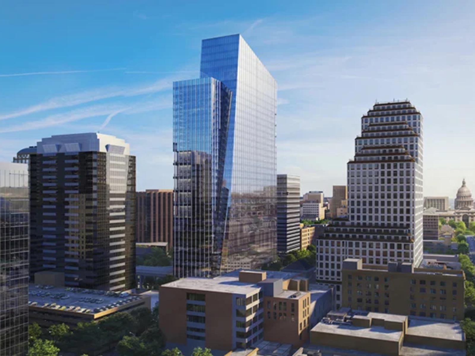 Architectural rendering of the Indeed Tower in Austin, TX, featuring specialty foundations and shoring by Oscar Orduno, Inc..