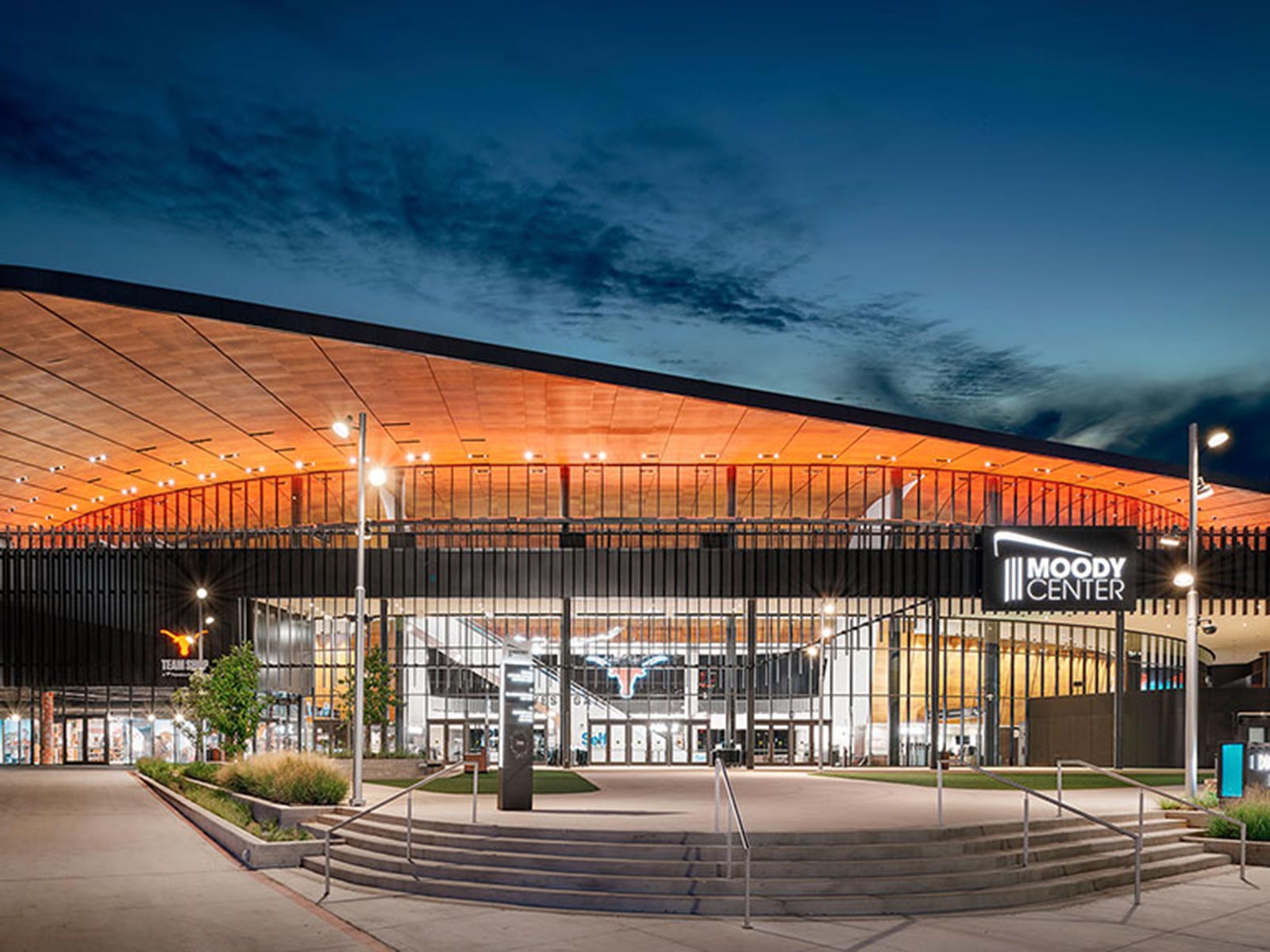 Wide-angle view of the completed Moody Center at UT Austin, supported by Oscar Orduno, Inc. geotechnical and earth retention services.