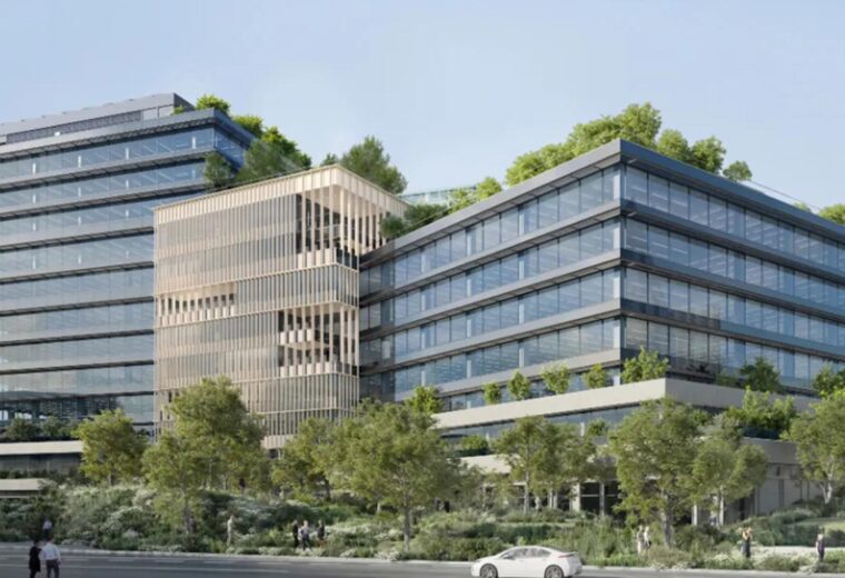 Architectural rendering of Project Meadow, showcasing the foundation and earth retention solutions provided by Oscar Orduno, Inc. for this sustainable commercial site.