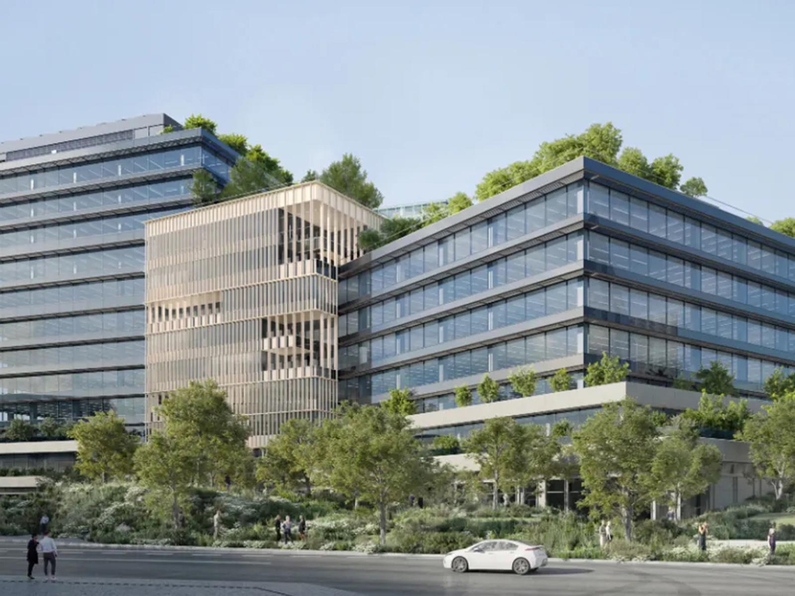 Architectural rendering of Project Meadow, showcasing the foundation and earth retention solutions provided by Oscar Orduno, Inc. for this sustainable commercial site.