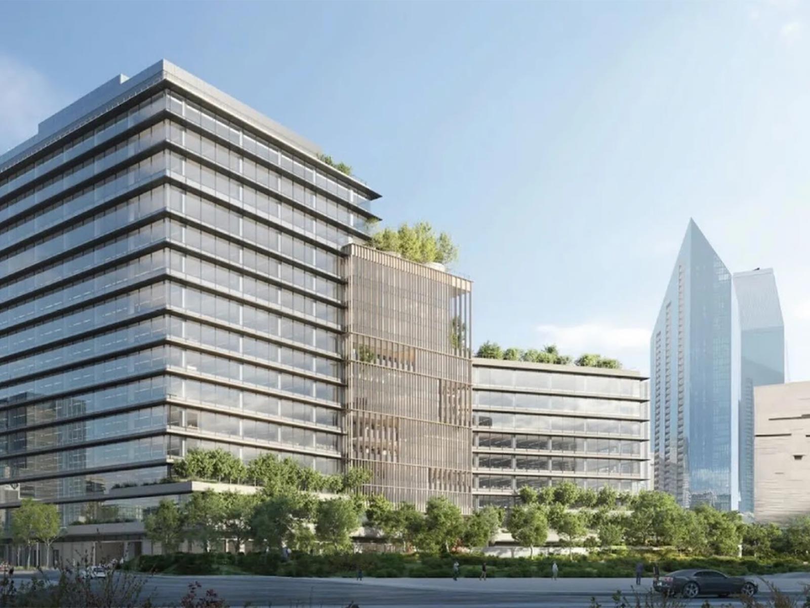 Wide-angle rendering of Project Meadow towers featuring specialty foundations and earth retention systems by Oscar Orduno, Inc..