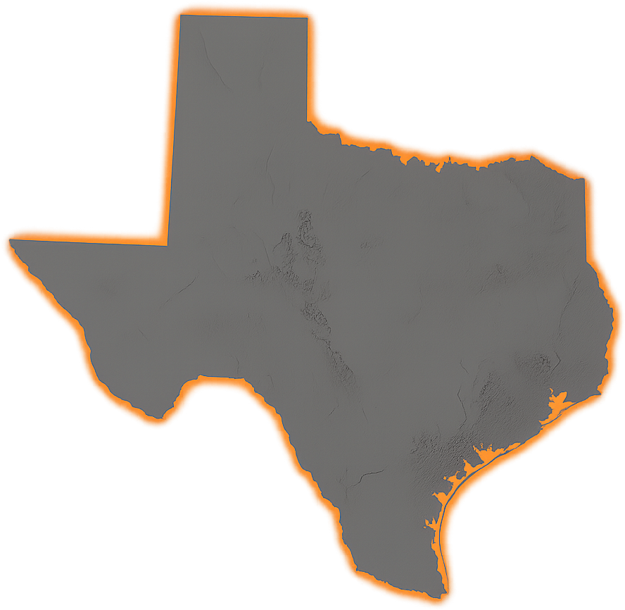 Illuminated map of Texas highlighting the statewide service coverage of Oscar Orduno, Inc. for earth retention and specialty foundations.