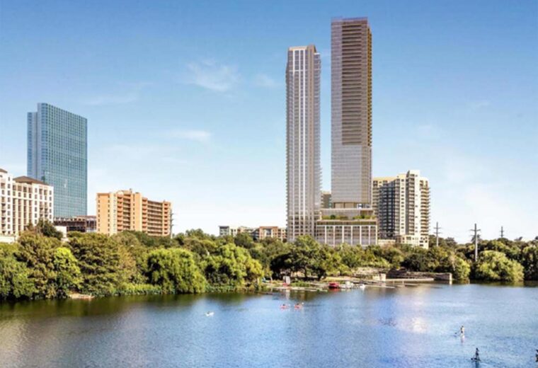Rendering of The Travis residential towers in Austin, featuring specialty foundations and earth retention work by Oscar Orduno, Inc..