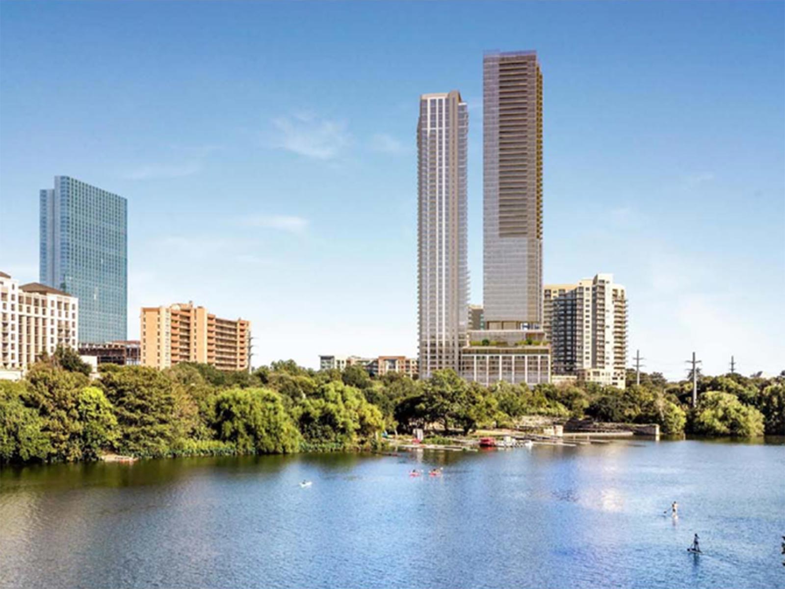 Rendering of The Travis residential towers in Austin, featuring specialty foundations and earth retention work by Oscar Orduno, Inc..
