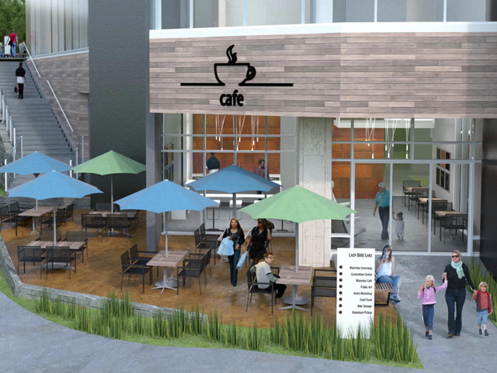 Street-level architectural rendering of the cafe and pedestrian areas at The Travis in Austin, featuring foundational support by Oscar Orduno, Inc..